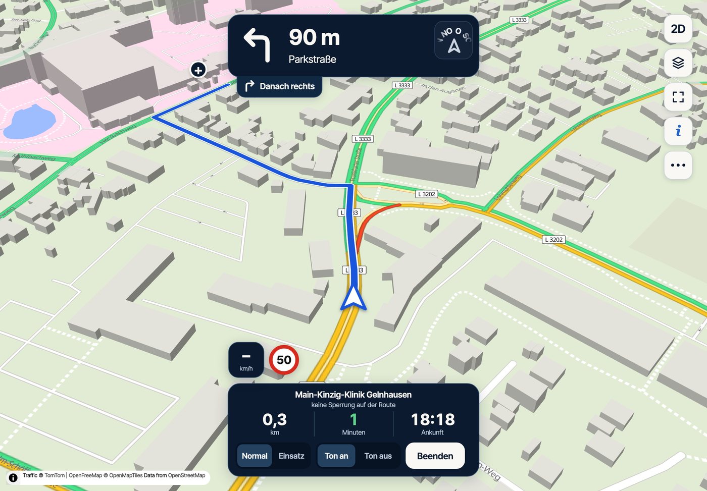 RTW Navi auf dem iPad: letzte 300 Meter bis zur Zufahrt der Klinik, Abbiegehinweis, Tempolimit und Verkehrslage