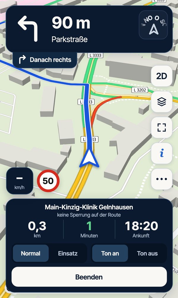 RTW Navi auf dem iPhone: dieselbe Ankunft an der Klinik
